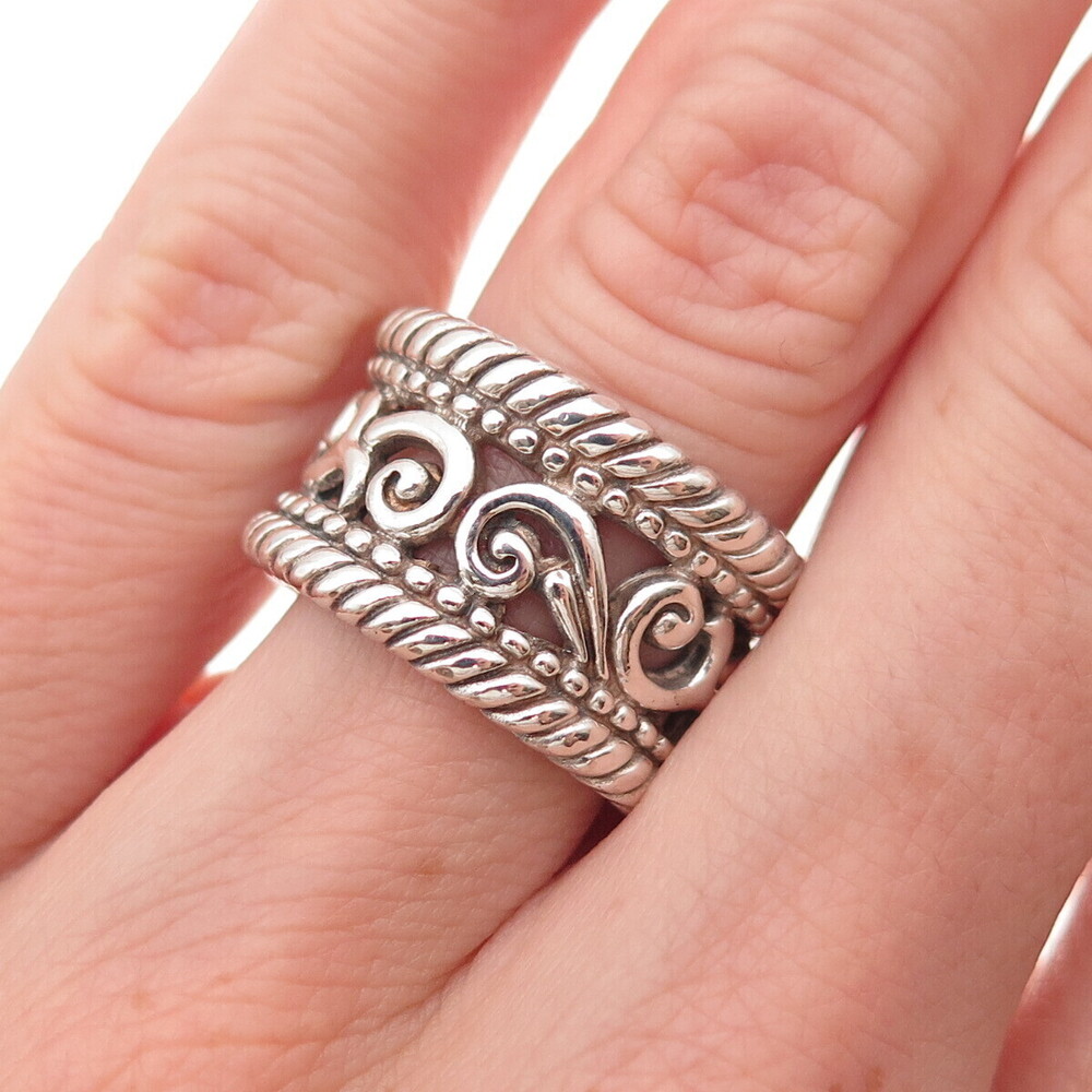 Brighton Sterling Silver Vintage Floral Scroll Oxidized Wide Band Ring Size 6.25